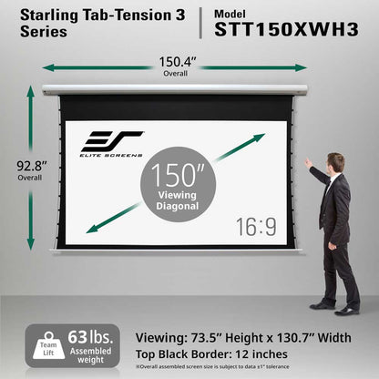 Elite Screens Starling Tab-Tension 3 Series model STT150XWH3 retractable projection screen shown with dimension arrows indicating 150.4 inches wide and 92.