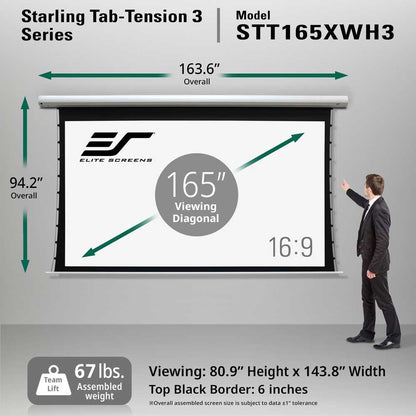 Elite Screens Starling Tab-Tension 3 Series model STT165XWH3 165-inch projection screen shown with dimension callouts, a man standing beside it, and product specs on a light gray background.