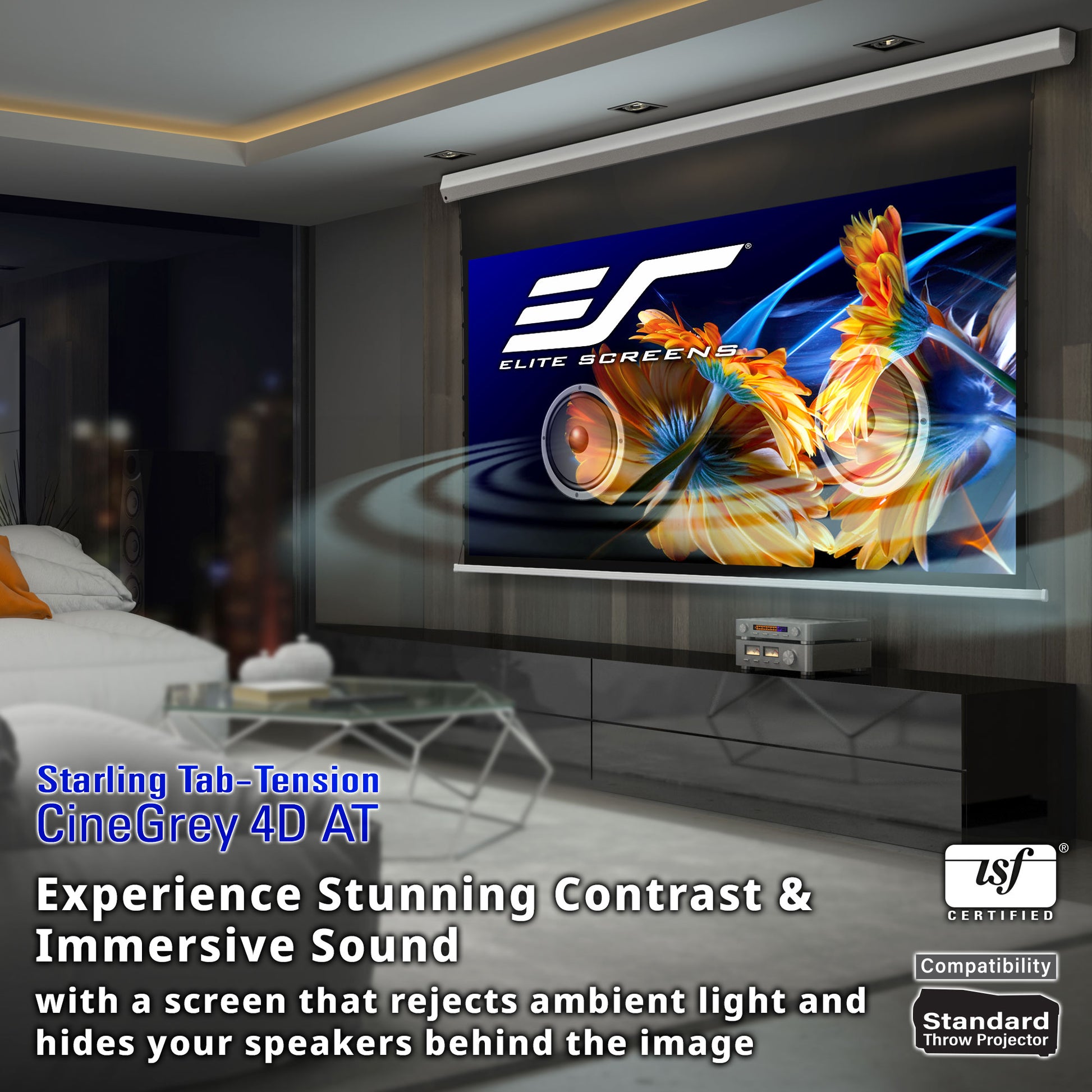 Home theater setup with Elite Screens CineGray 4D AT projector screen in a living room.