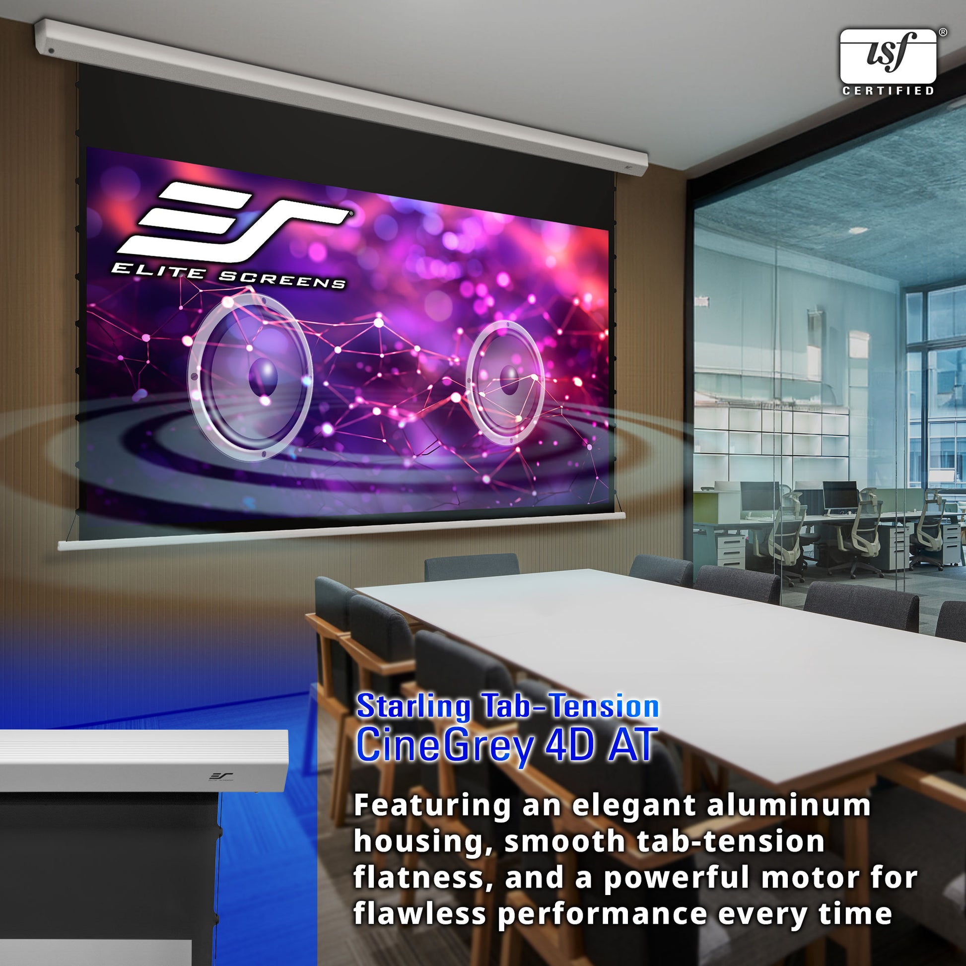 Elite Screens projector screen in a room with office furniture, featuring the Elite Screens logo.