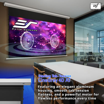 Elite Screens projector screen in a room with office furniture, featuring the Elite Screens logo.