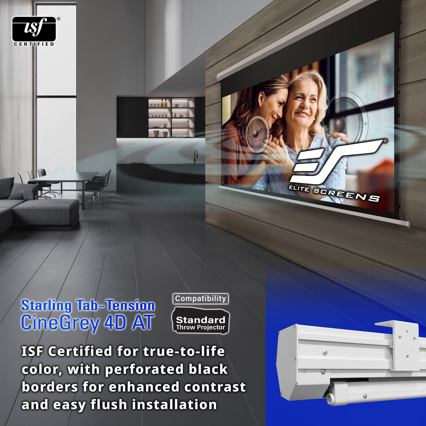 Elite Screens projector screen in a modern living room setup with ISF certification details.