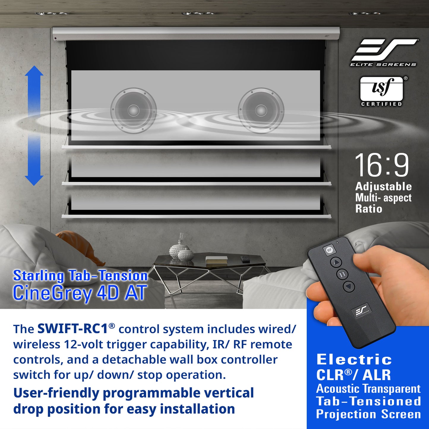 Electric projection screen with remote control and Elite Screens branding