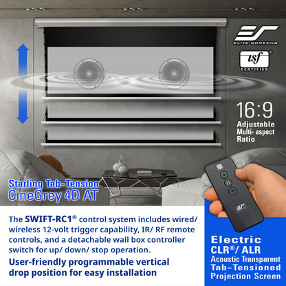 Electric projection screen with remote control and Elite Screens branding