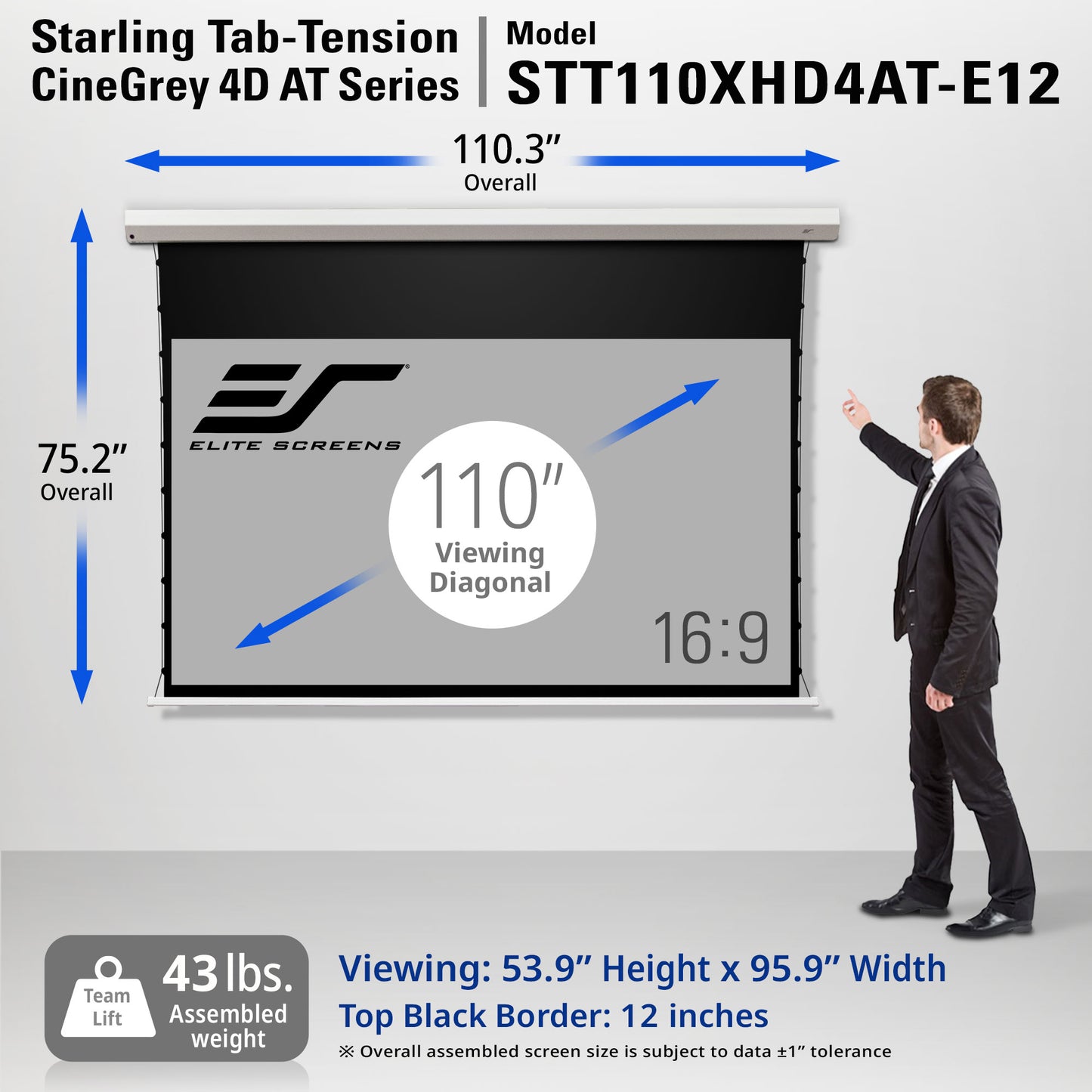 Elite Screens projector screen 110" with dimensions and features displayed