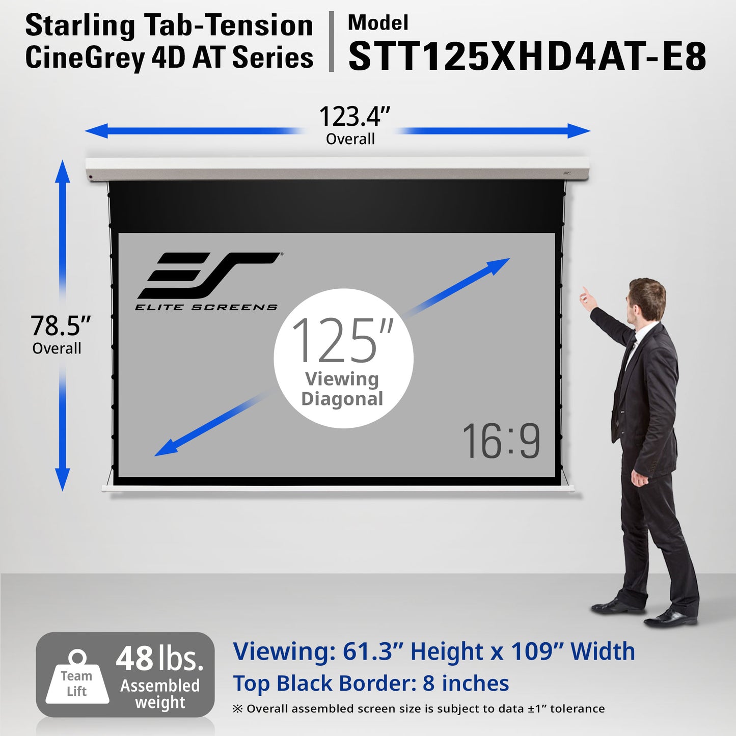 Elite Screens Starling Tab-Tension CineGrey 4D AT Series 125" projector screen with dimensions and specifications.