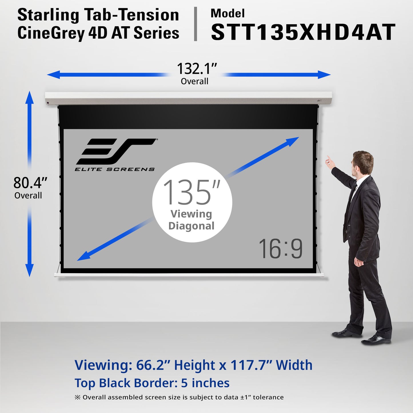 Elite Screens CineGrey 4D AT Series Starling Tab-Tension screen 135" with dimensions and a person for scale.