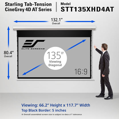 Elite Screens CineGrey 4D AT Series Starling Tab-Tension screen 135" with dimensions and a person for scale.