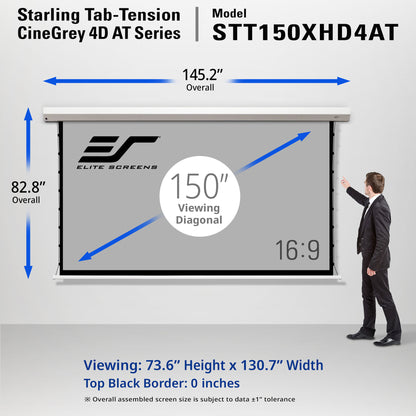 Elite Screens Starling Tab-Tension CineGrey 4D AT Series screen 150" with dimensions and a person for scale.