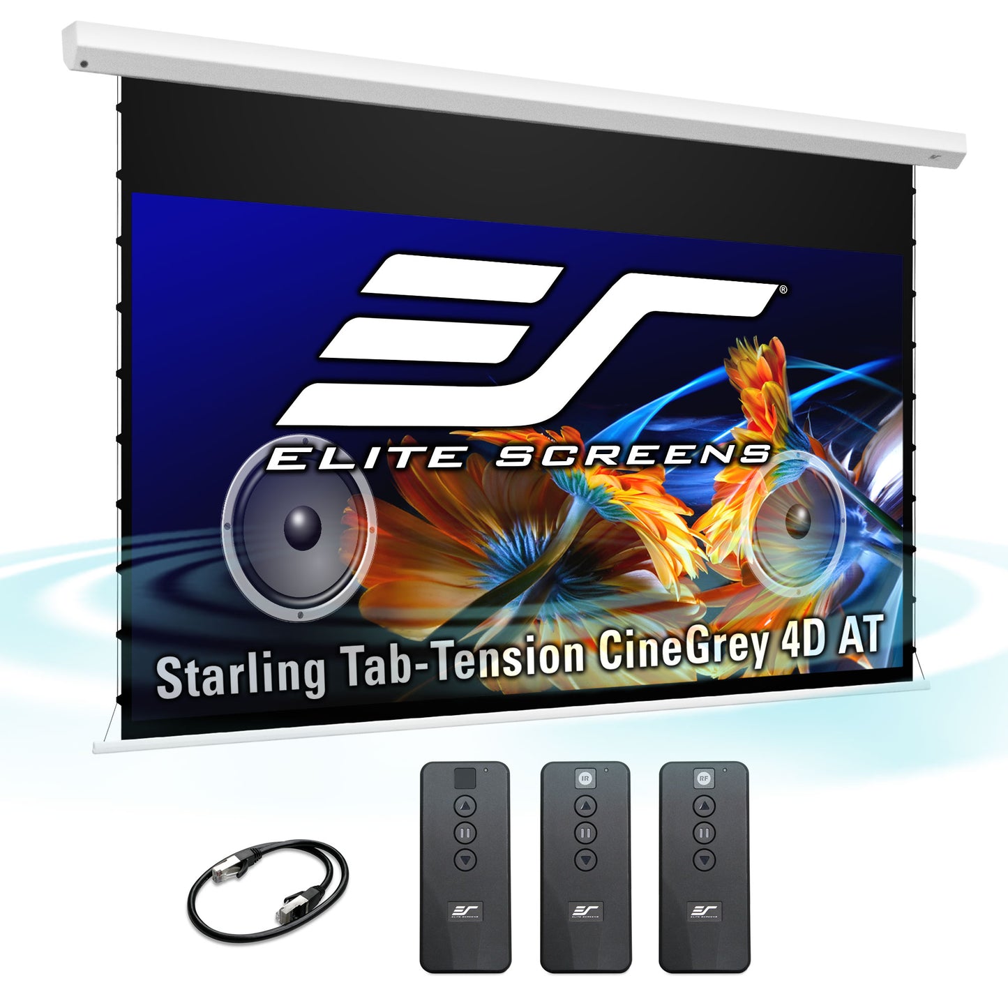 Elite Screens projector screen with remote controls and cable on a white background