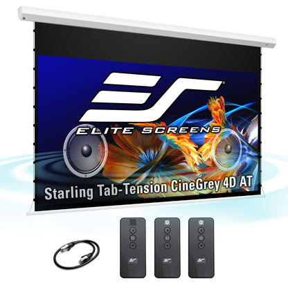 Elite Screens projector screen with remote controls and cable on a white background