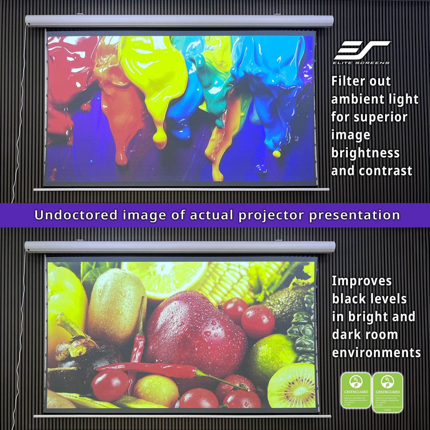 Elite Screens projector screen with colorful liquid display and fruit image, featuring brand logo and text about image brightness and contrast.