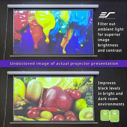 Elite Screens projector screen with colorful liquid display and fruit image, featuring brand logo and text about image brightness and contrast.