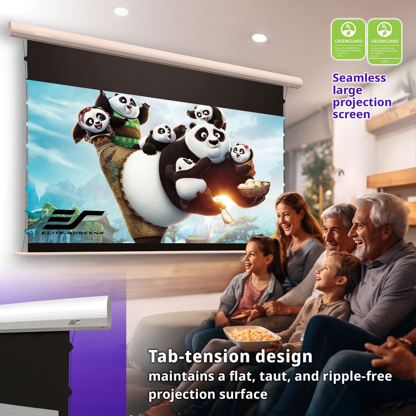 Family watching a movie on a large projection screen with a tab-tension design feature highlighted.