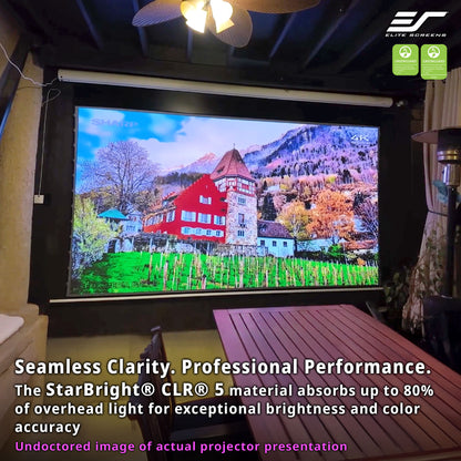 Projector screen displaying a scenic image with 'Elite Screens' branding and product features text.