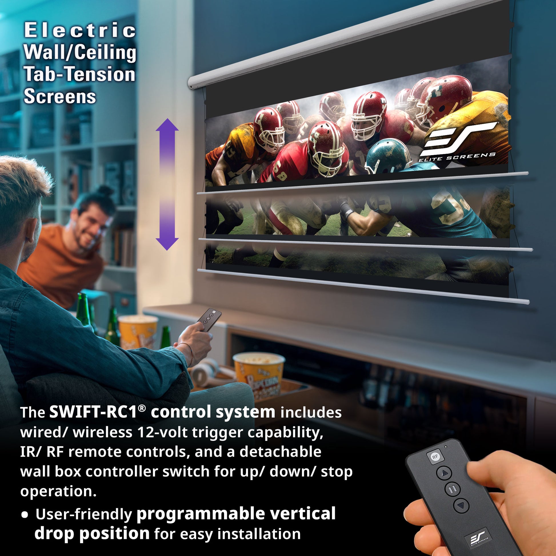 Electric wall/ceiling tab-tension screen with football game on display, remote control held by person.