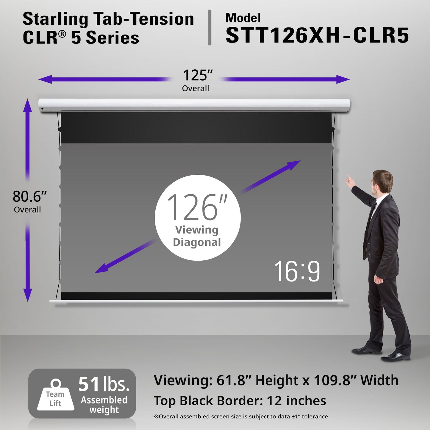 Starling Tab-Tension CLR 5 Series projector screen with dimensions and specifications on a gray background.