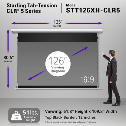 Starling Tab-Tension CLR 5 Series projector screen with dimensions and specifications on a gray background.