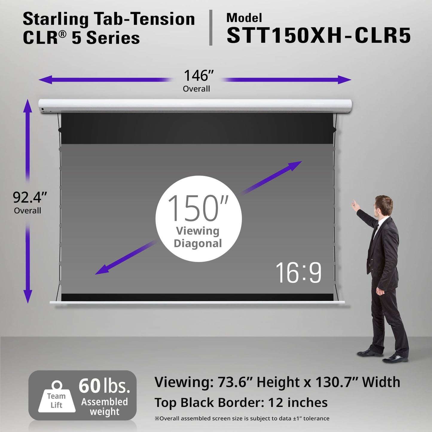 Starling Tab-Tension CLR 5 Series projector screen with dimensions and specifications on a gray background.