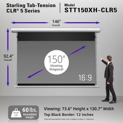 Starling Tab-Tension CLR 5 Series projector screen with dimensions and specifications on a gray background.