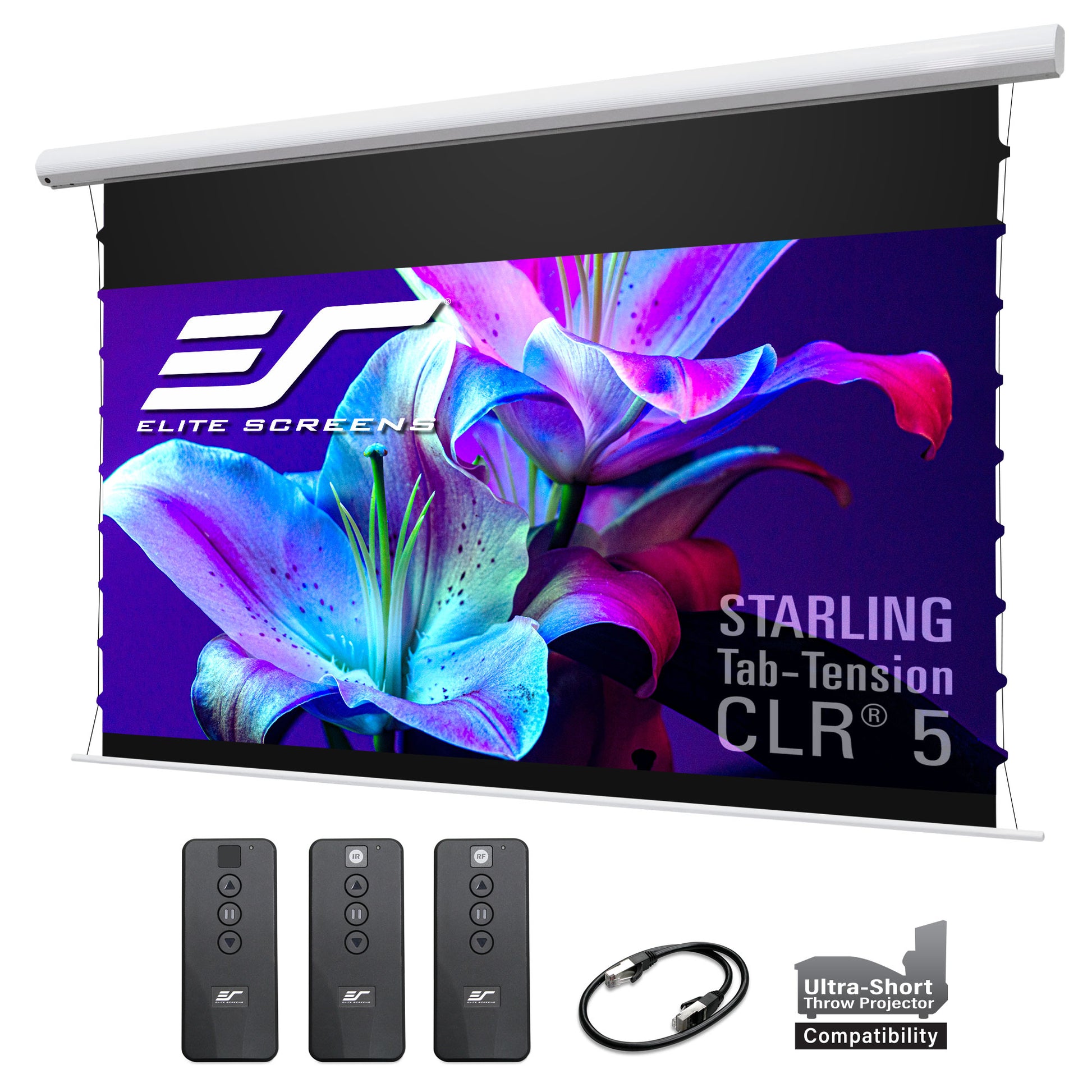 Elite Screens Starling Tab-Tension CLR 5 projection screen with remote controls and cable on a white background