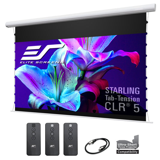 Elite Screens Starling Tab-Tension CLR 5 projection screen with remote controls and cable on a white background