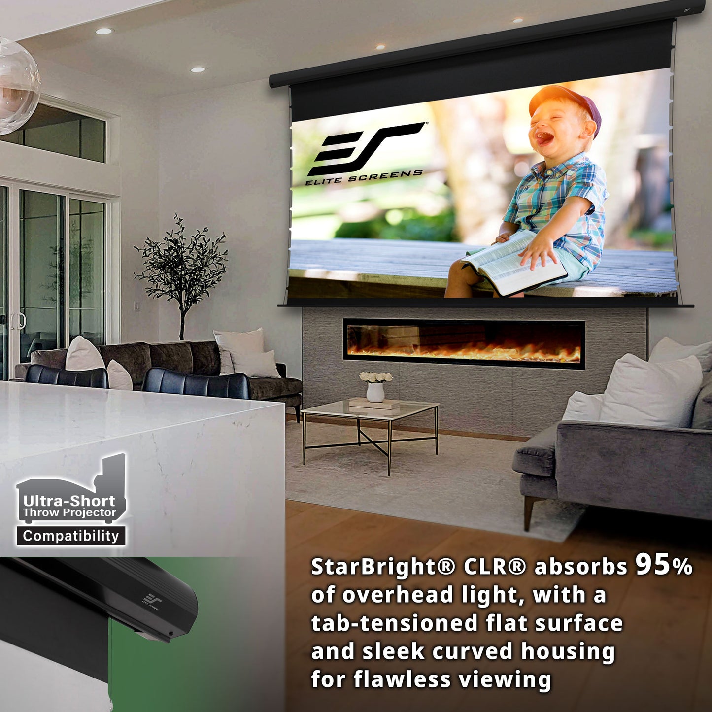 Living room with a projector screen displaying Elite Screens logo, featuring a child reading a book.