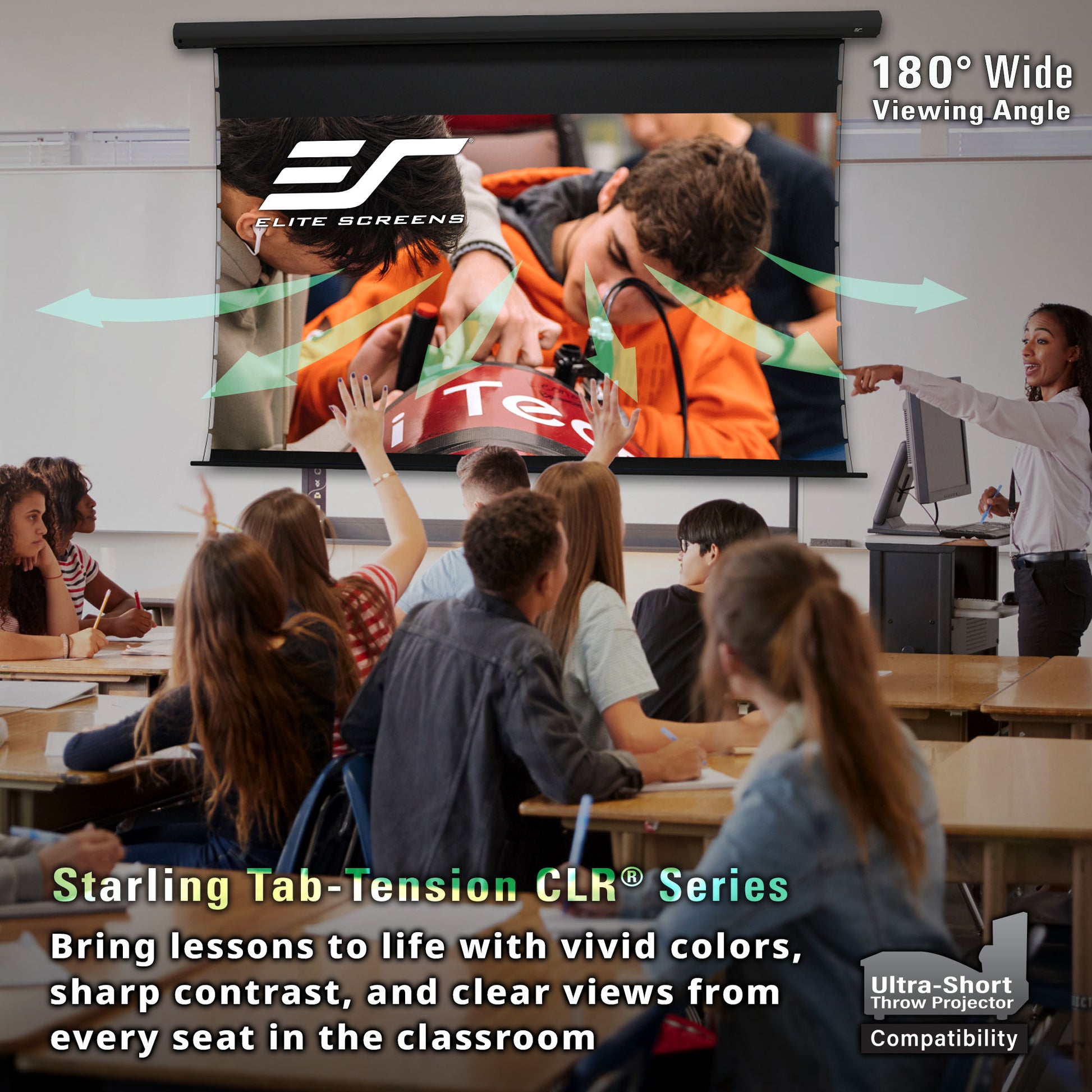 Classroom setting with a projector screen displaying a presentation, featuring Elite Screens branding.