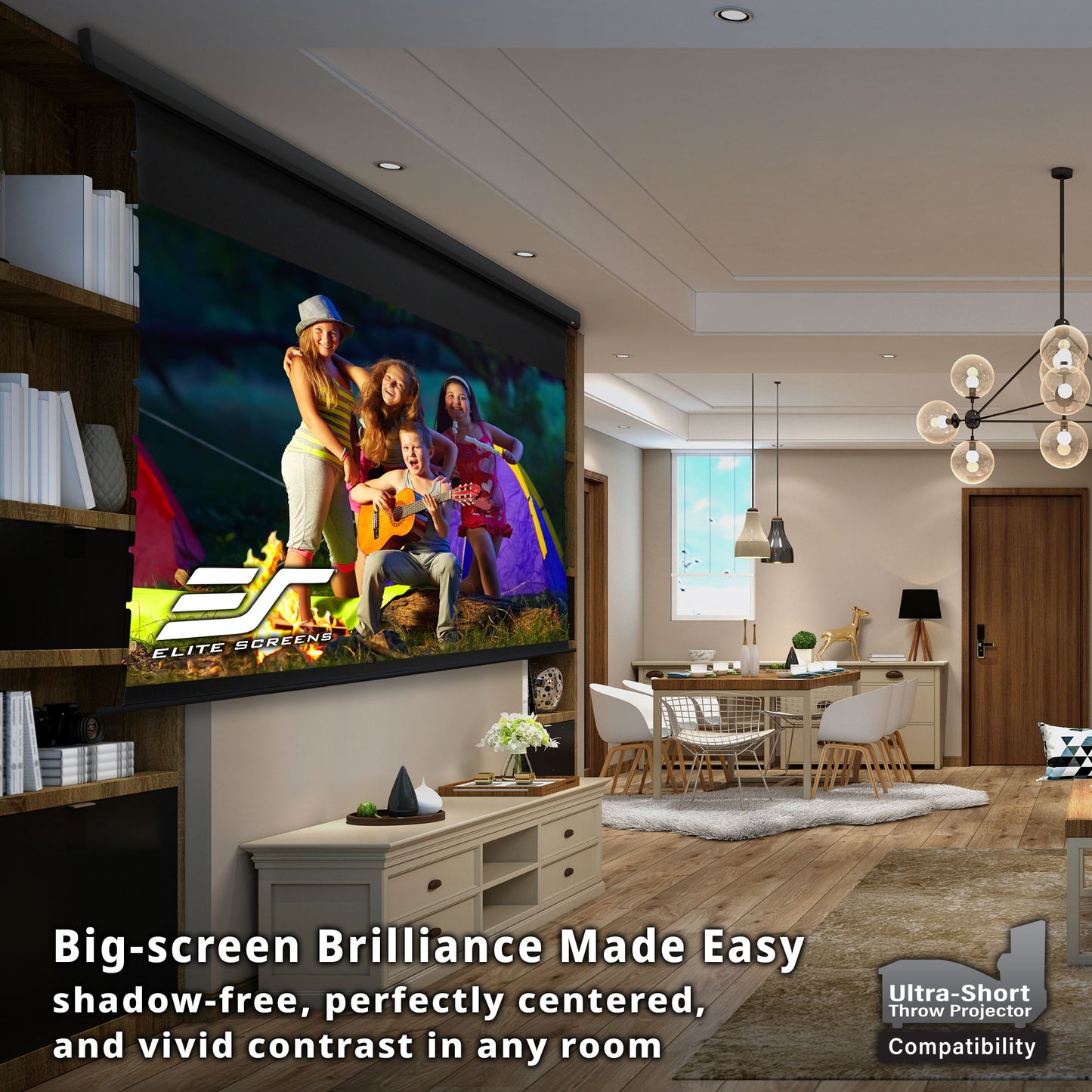 Living room with a large TV screen displaying a movie, with text about projector compatibility.