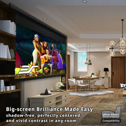 Living room with a large TV screen displaying a movie, with text about projector compatibility.