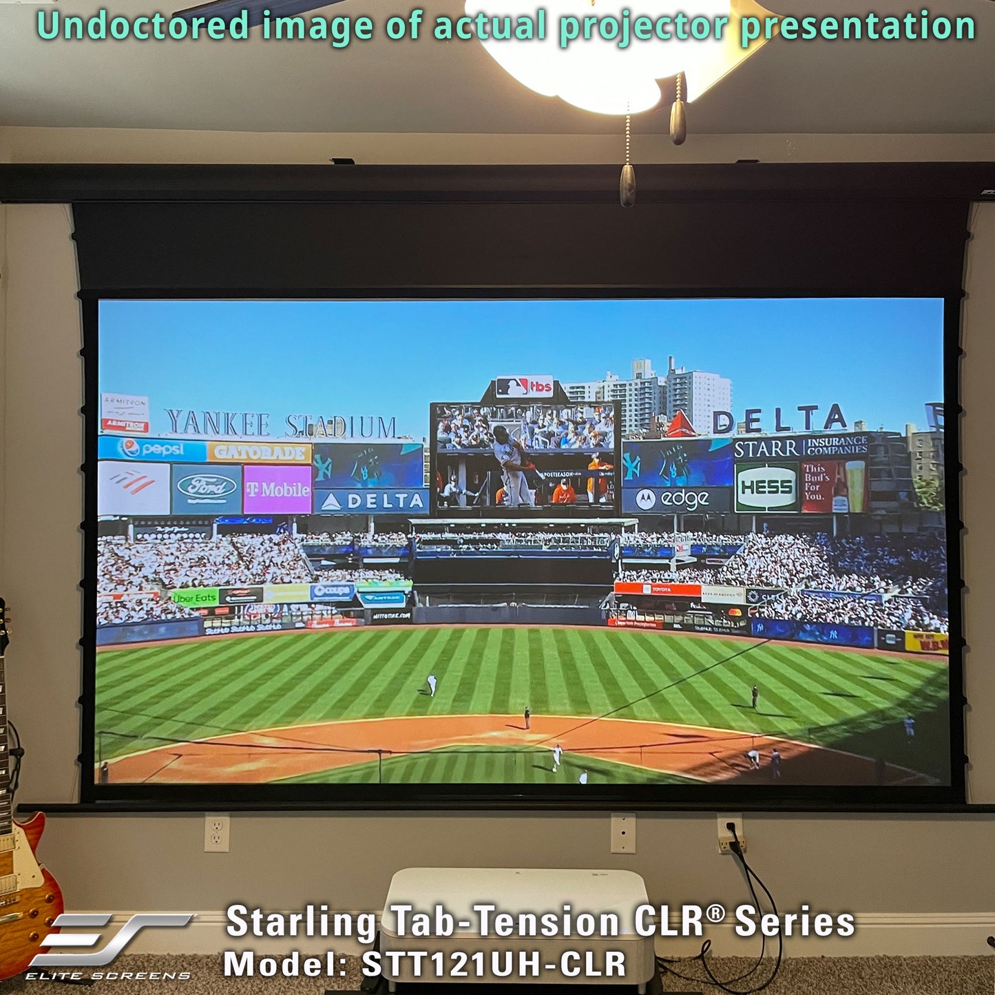 Projector screen displaying a baseball game with 'Starling Tab-Tension CLR Series' branding.