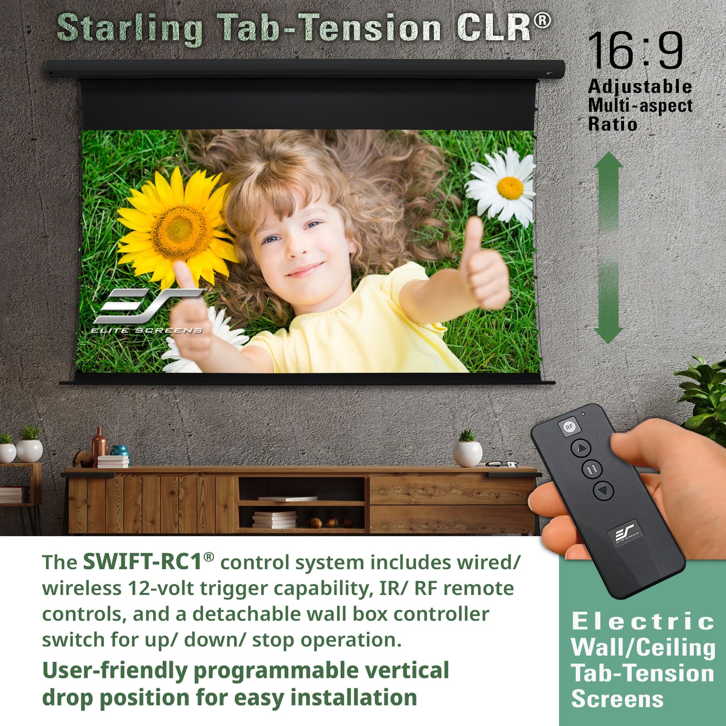 Electric wall/ceiling tab-tension screen with child and sunflower image, remote control, and product details.