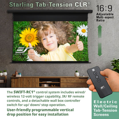 Electric wall/ceiling tab-tension screen with child and sunflower image, remote control, and product details.