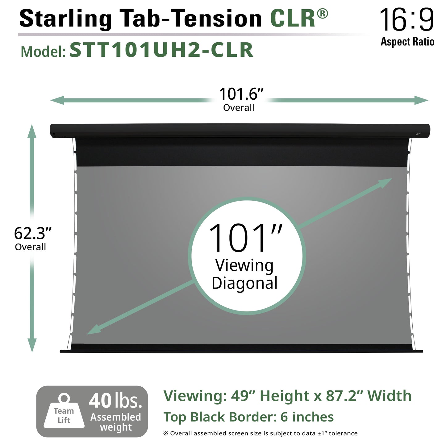 Starling Tab-Tension CLR projector screen with dimensions and specifications on a white background