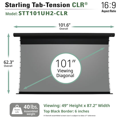 Starling Tab-Tension CLR projector screen with dimensions and specifications on a white background