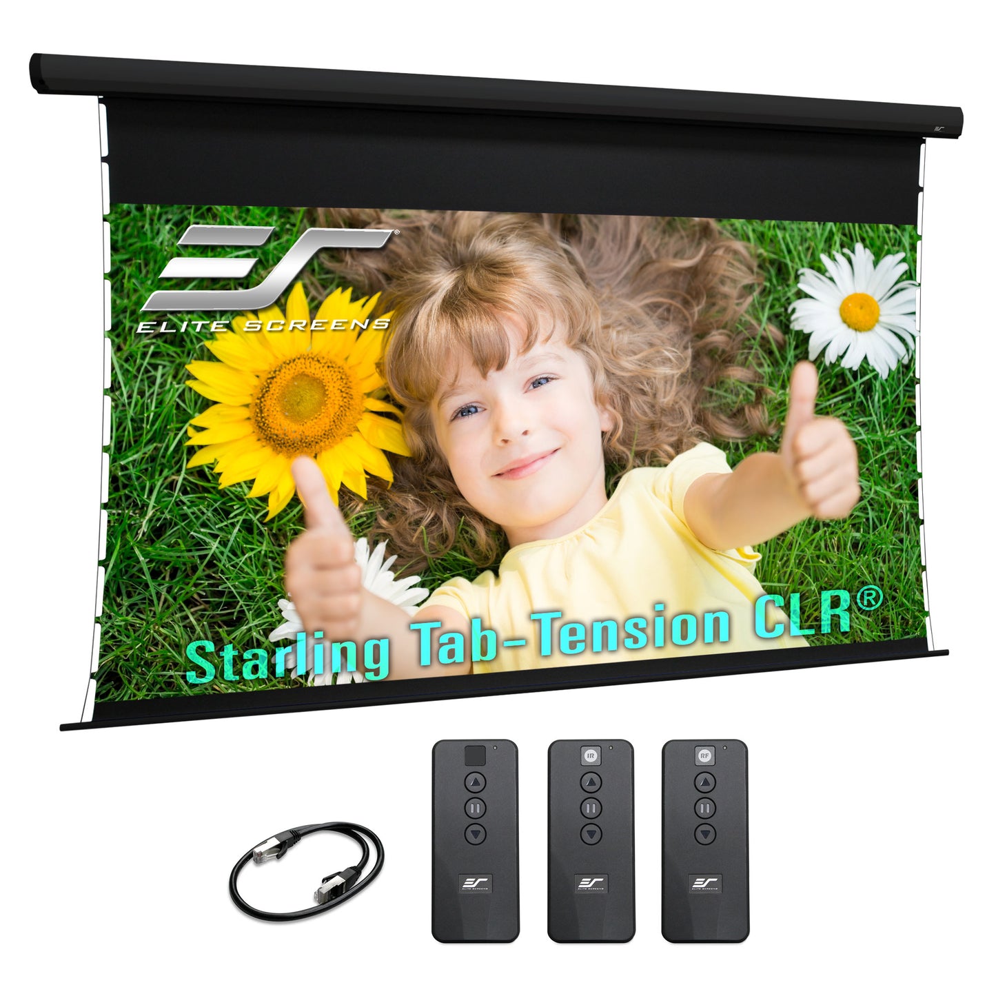 Elite Screens Starling Tab-Tension CLR projector screen with a child and flowers on the screen, remote controls, and cable.