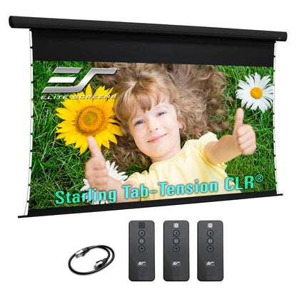 Elite Screens Starling Tab-Tension CLR projector screen with a child and flowers on the screen, remote controls, and cable.