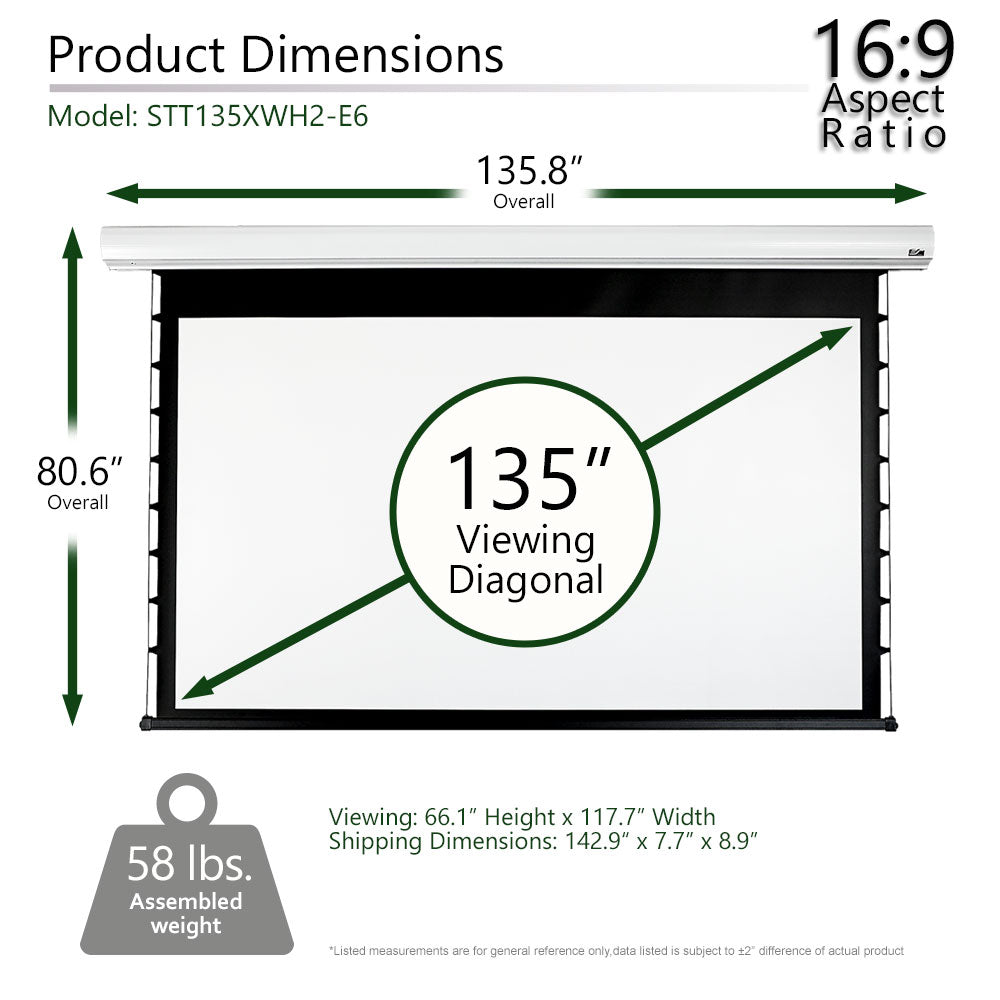 Measurement chart for a 135-inch diagonal projector screen with dimensions and weight details.