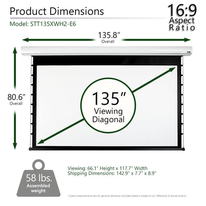 Measurement chart for a 135-inch diagonal projector screen with dimensions and weight details.