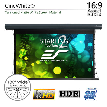 Elite Screens CineWhite projector screen with features highlighted on a white background