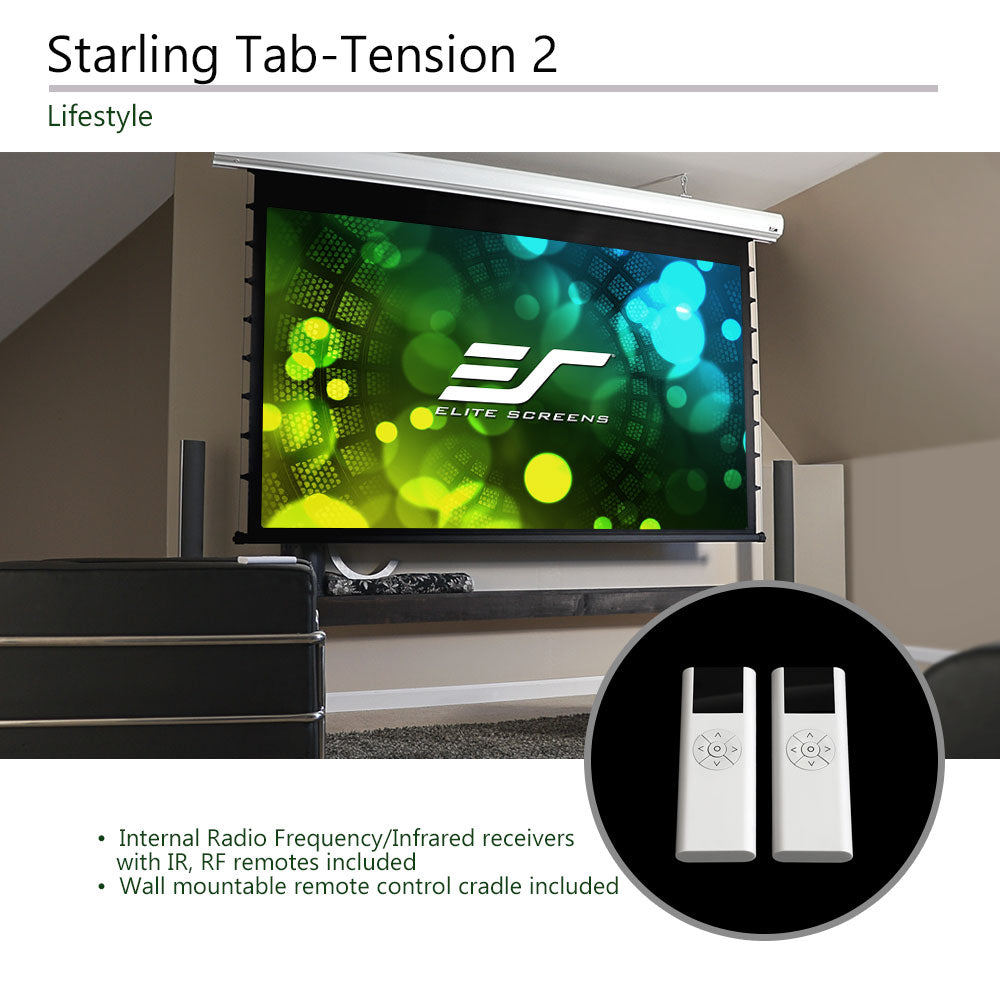 Elite Screens Starling Tab-Tension 2 projector screen with remote controls in a room setting.