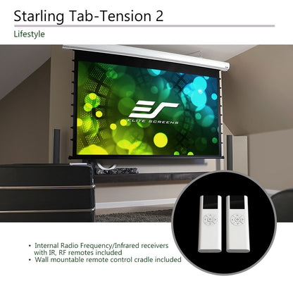 Elite Screens Starling Tab-Tension 2 projector screen with remote controls in a room setting.