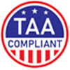 A circular blue and red logo with white text reading 'TAA COMPLIANT'.