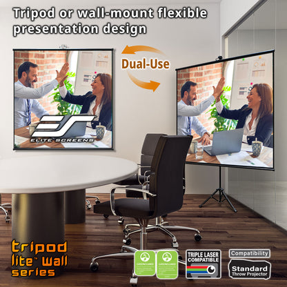 Two screens displaying a meeting scene with tripod and wall mount options, featuring Elite Screens branding.
