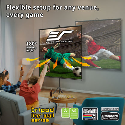 Living room setup with two Elite Screens projectors displaying a soccer game, with text highlighting features like flexible setup and 180-degree viewing angle.