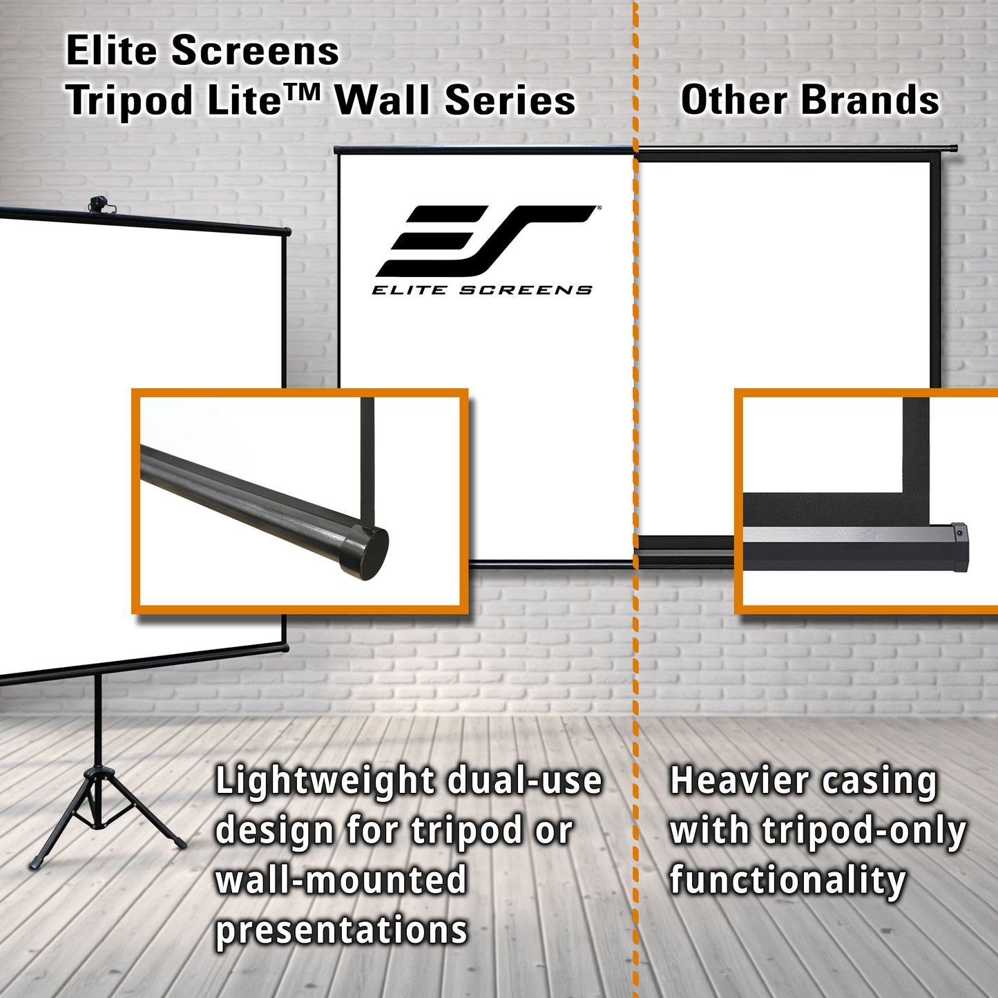 Comparison of Elite Screens Tripod Lite Wall Series with other brands on a white brick wall background.
