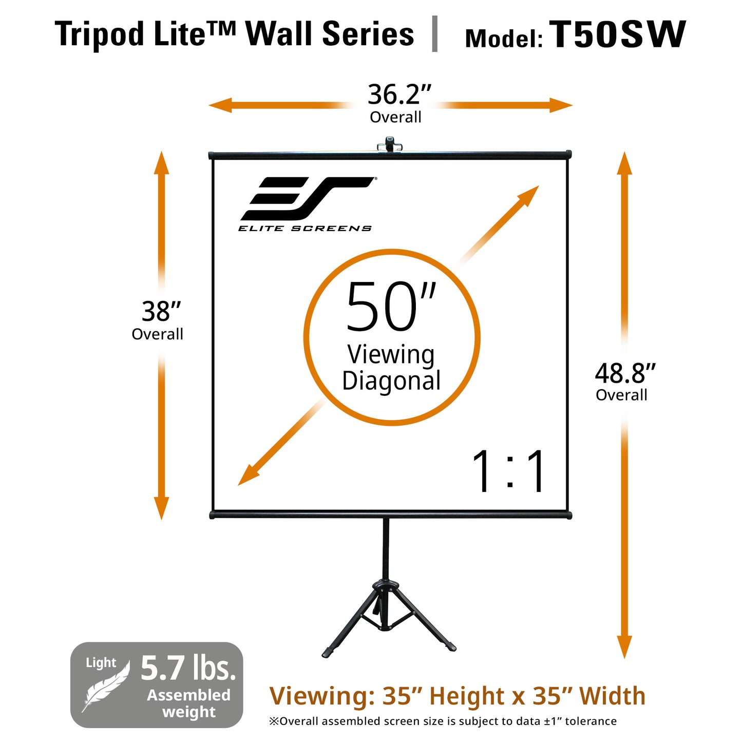 Elite Screens Tripod Lite Wall Series T50SW projection screen with dimensions and weight information.
