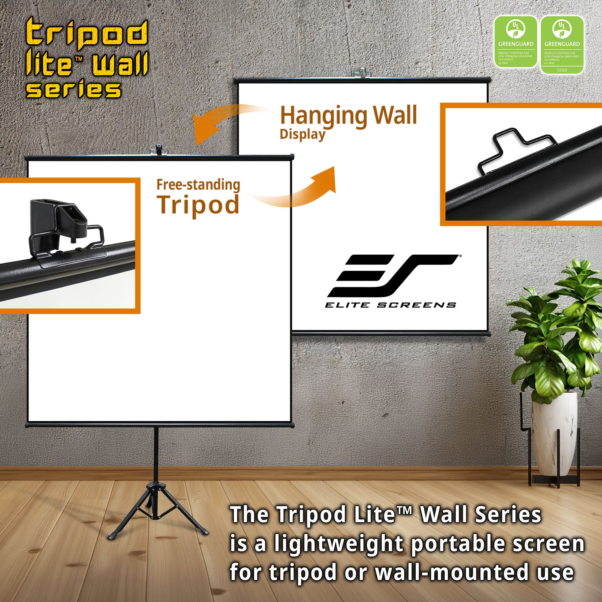 Elite Screens Tripod Lite Wall Series display with stand and wall mount on a room background.