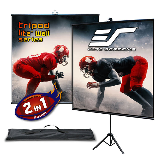 Elite Screens tripod lite wall series projector screen with football-themed design
