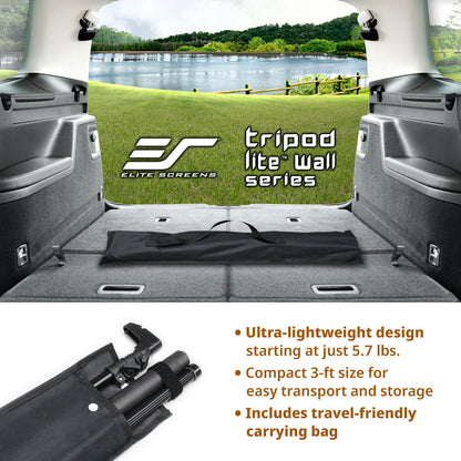 Car trunk with Elite Screens tripod lite wall series screen and accessories.